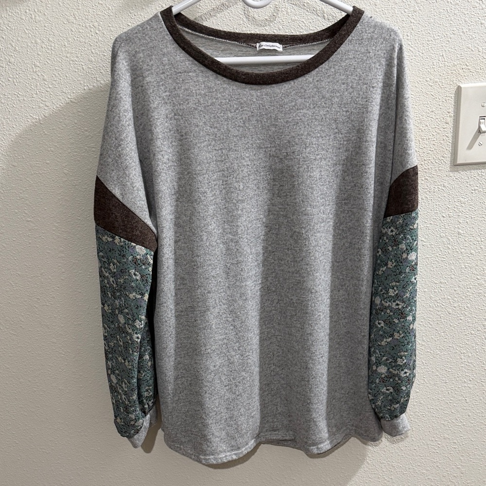 Women’s Grey Sweater with Brown Trim and Green Floral Sleeves